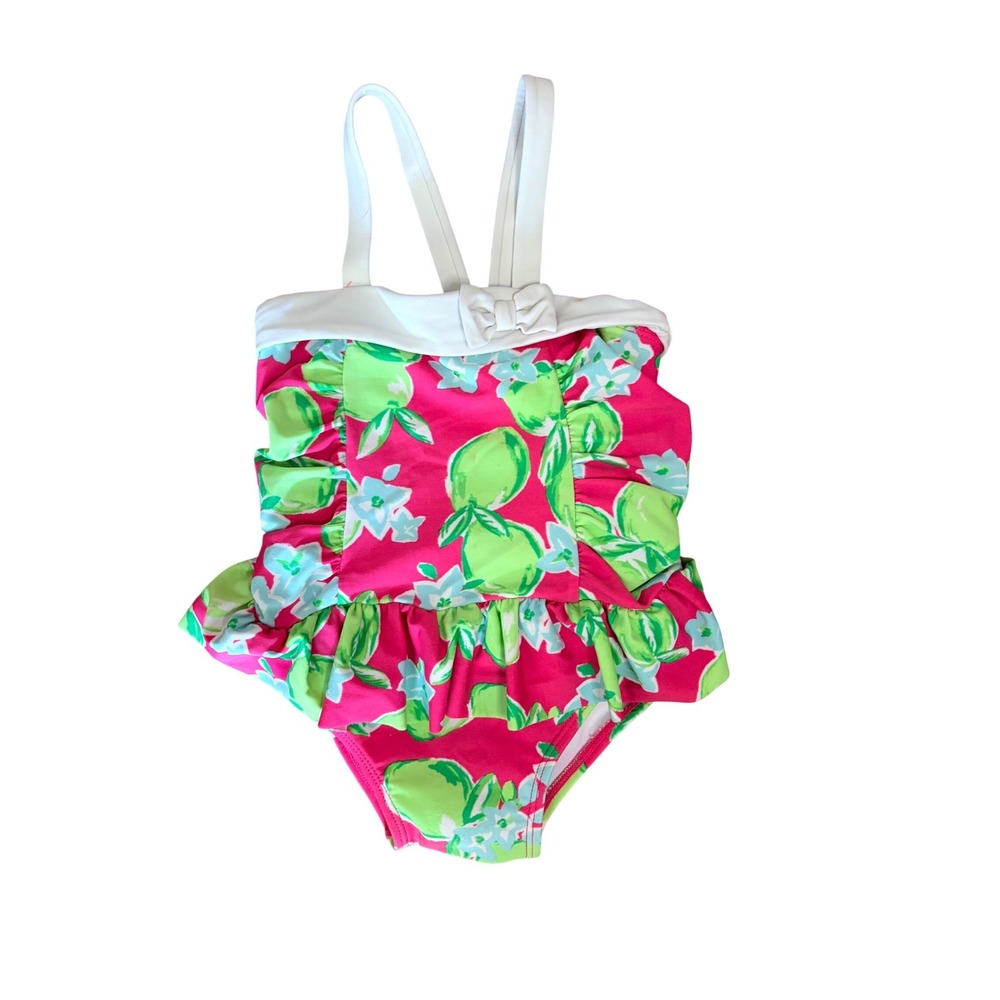 Janie and Jack‎ Girls Pink Lime Floral Ruffle One Piece Swimsuit 18-24 Months